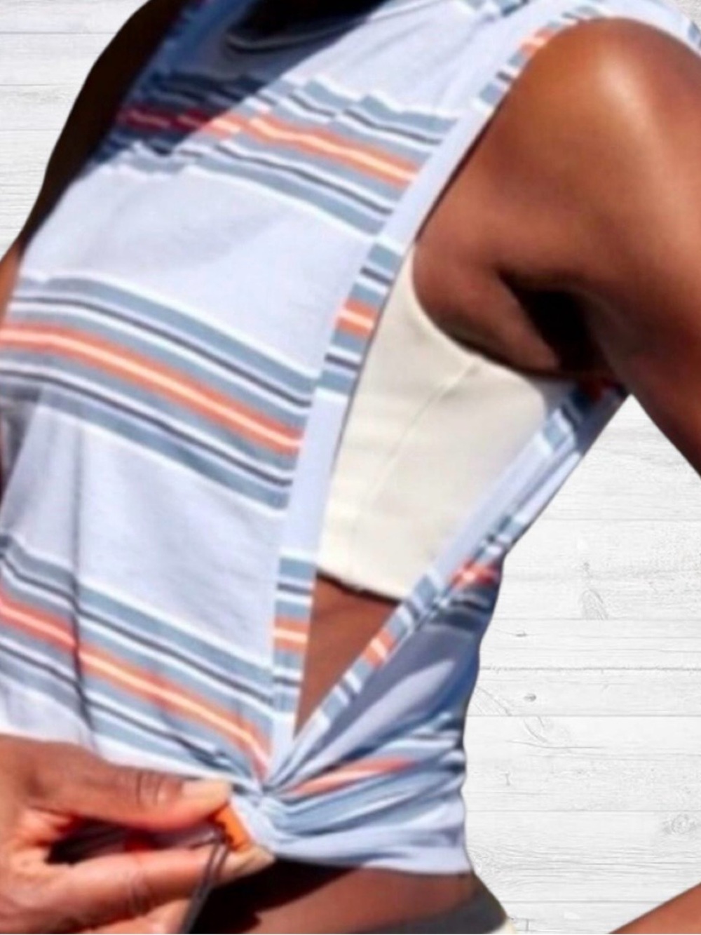 Free People Light Blue Striped Twist-Front Tank with Orange & Navy Accents
